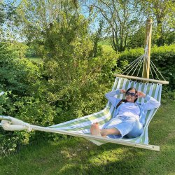 Grn og Hvid Stribet 1 personers hngekje med iPad-lomme