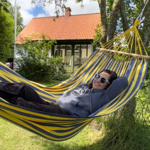 Stribet bl og gul hngekje med tvrpinde