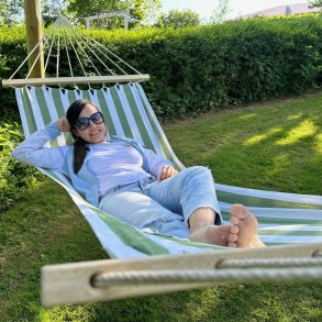 Grn og Hvid Stribet 1 personers hngekje med iPad-lomme