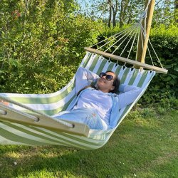 Grn og Hvid Stribet 1 personers hngekje med iPad-lomme