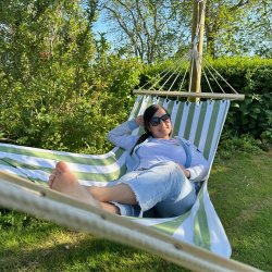 Grn og Hvid Stribet 1 personers hngekje med iPad-lomme